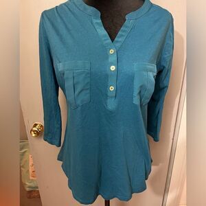 Ann Taylor Teal Popover Roll Up Sleeves. Size Medium